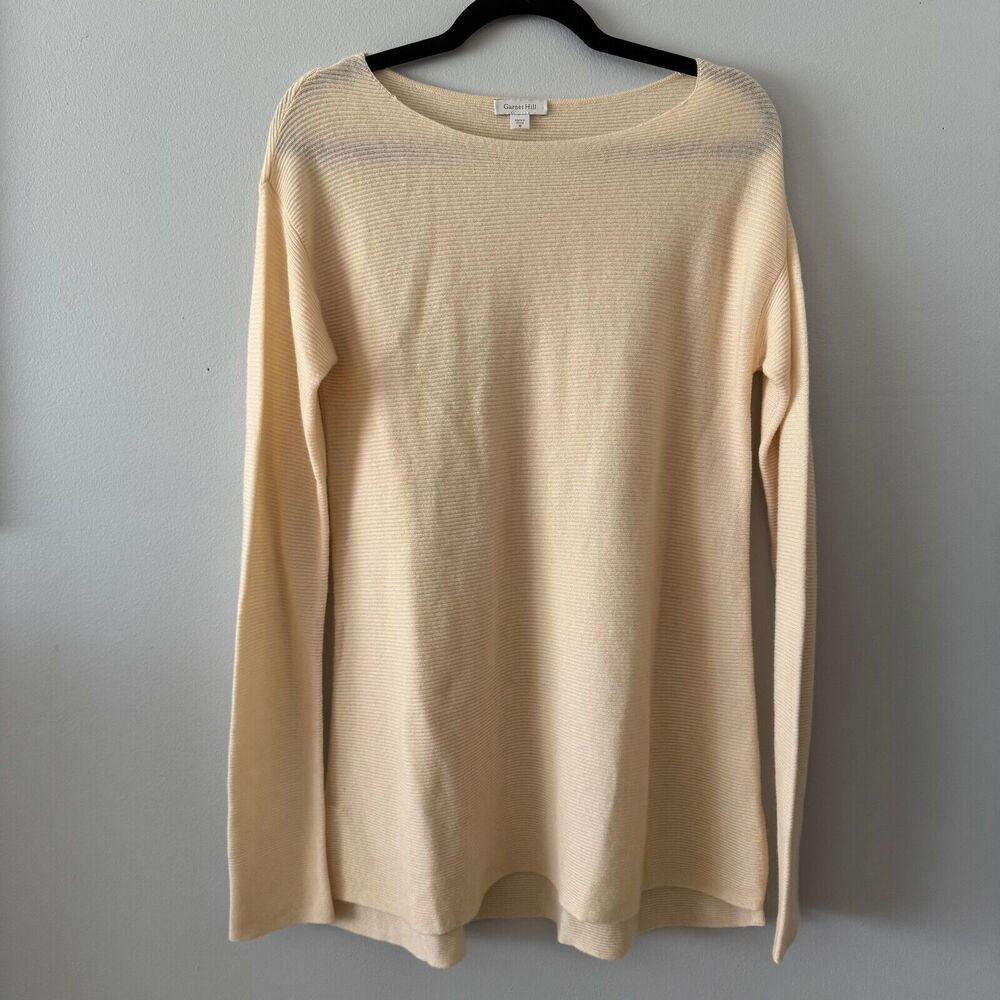 Garnet‎ Hill Cashmere Horizontal-Rib Side-Slit Sweater Cream Size Medium